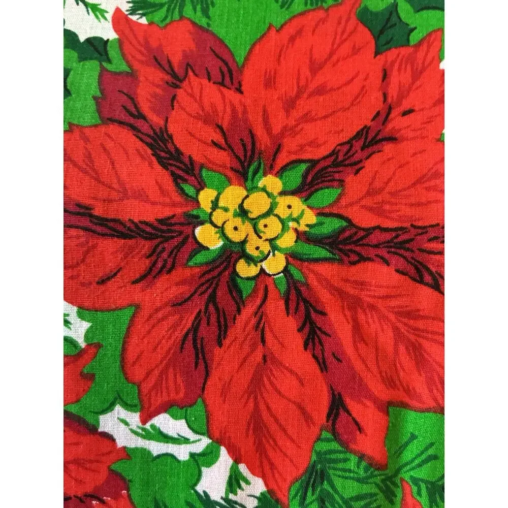 Vtg Christmas Fabric Poinsettia Green Red Holly 112x58 Cotton Uncut 3 Yds New